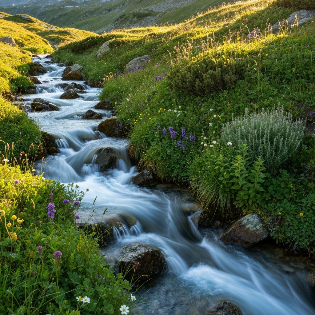 Dynamic Swiss alpine stream flowing through vibrant herbs under energetic sunlight